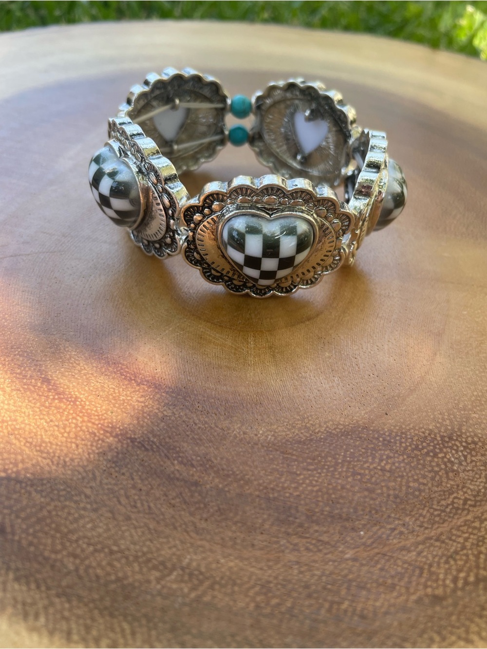 Checkerboard Heart Silver-Tone Stretch Bracelet - Black & White